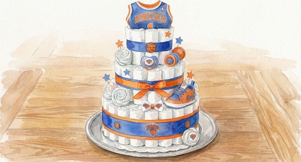A New York Knicks themed diaper cake with a jersey topper