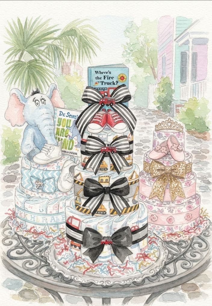 A trio of handmade Tiers of Joy diaper cakes, painted in watercolor